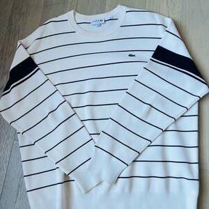 Lacoste White Crewneck Sweater with Navy Stripes